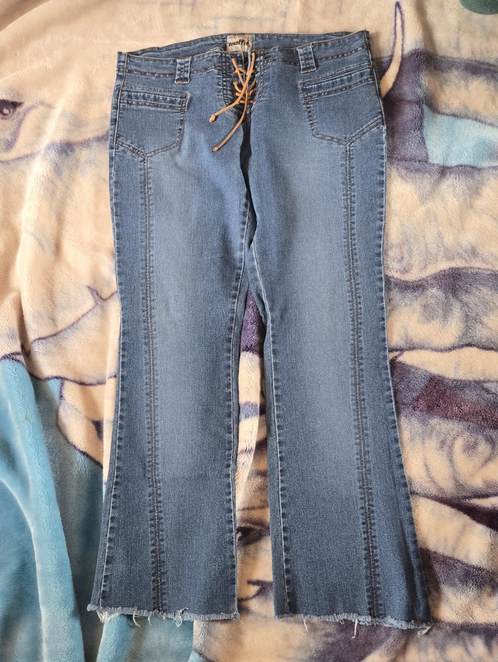 Traffic Light Blue Lace-Up Flare Jeans